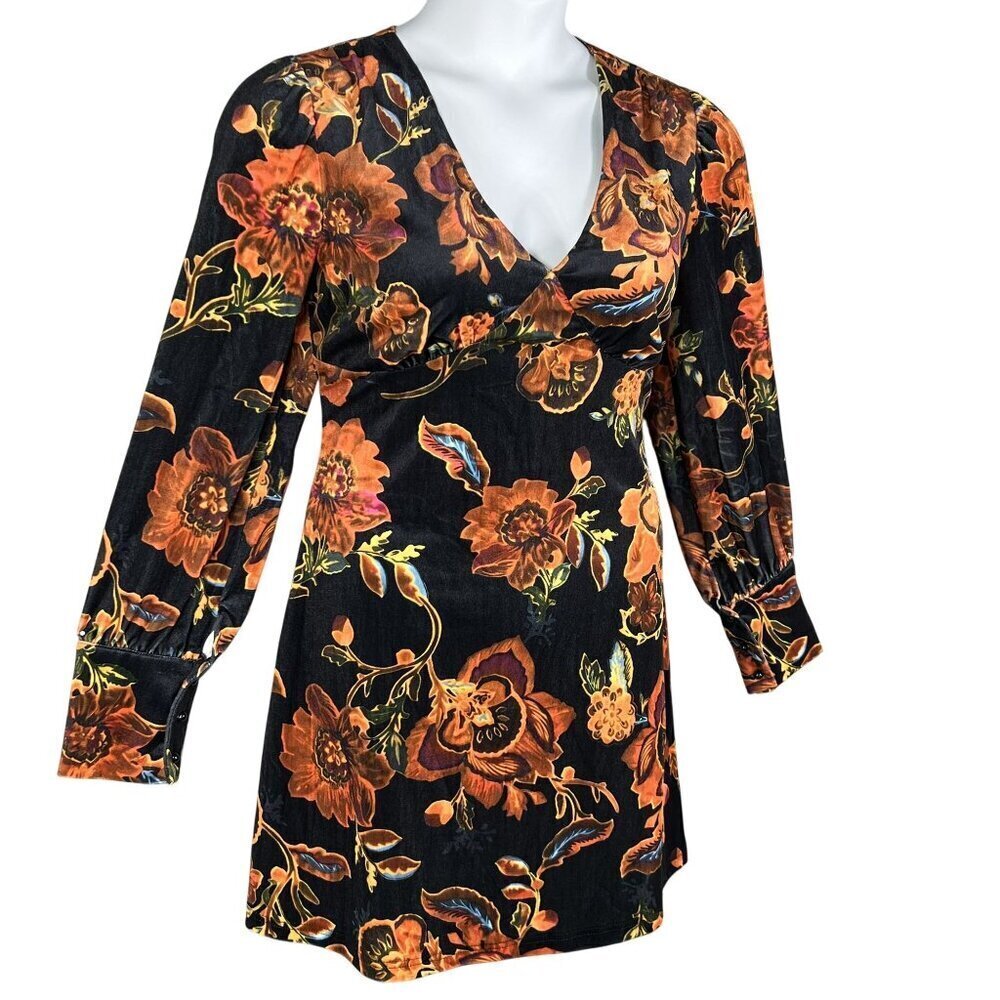 Nwt Cider Dress Xl Black Velvet Orange Floral Babydoll Long Sleeve Whimsigoth — image 6 of 8